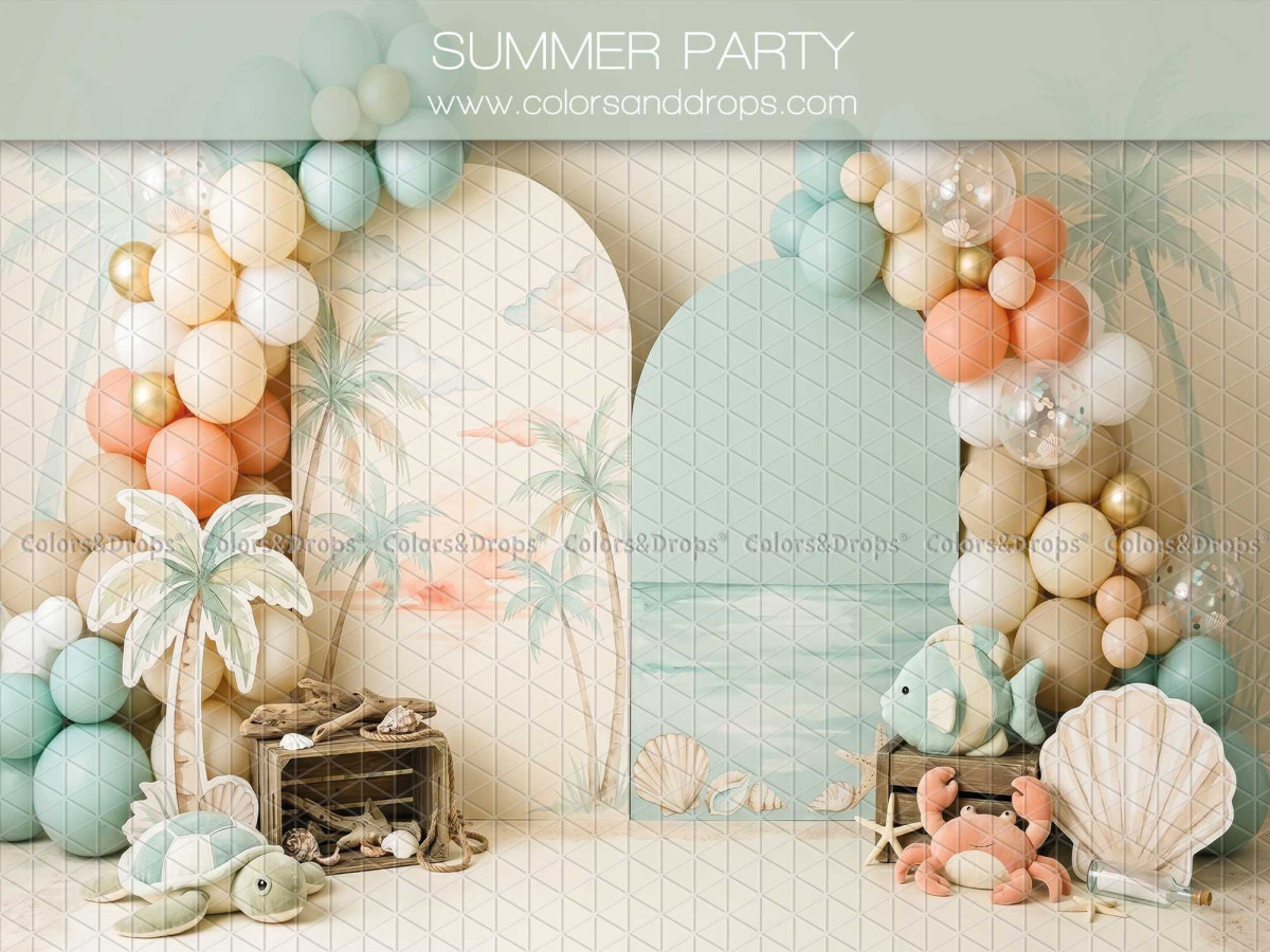 Fondo fotográfico de bebé y smash cake Summer Party – arcos de verano con globos, palmeras y conchas | Colors&Drops