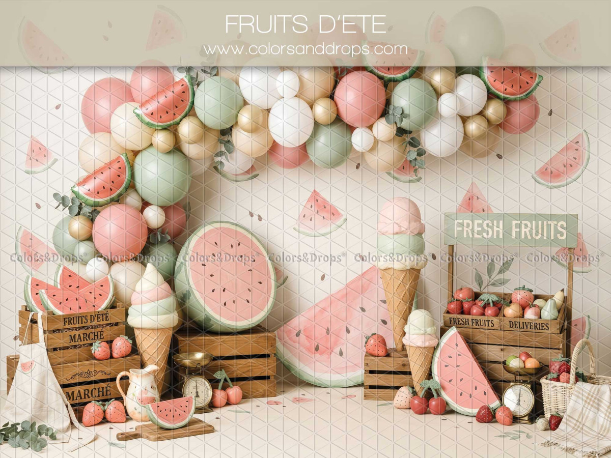 Fondo fotográfico de bebé y smash cake Fruits D'Été – decorado de frutas de verano con sandías y helados | Colors&Drops