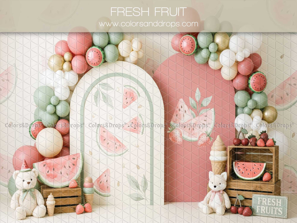 Fondo fotográfico de bebé y smash cake Fresh Fruit – arcos rosas con globos, sandías y oso | Colors&Drops