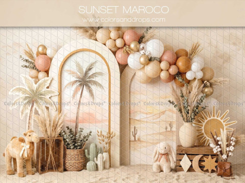 Fond photo Sunset Maroco arche bohème avec palmier pour séance bébé et Smash the Cake