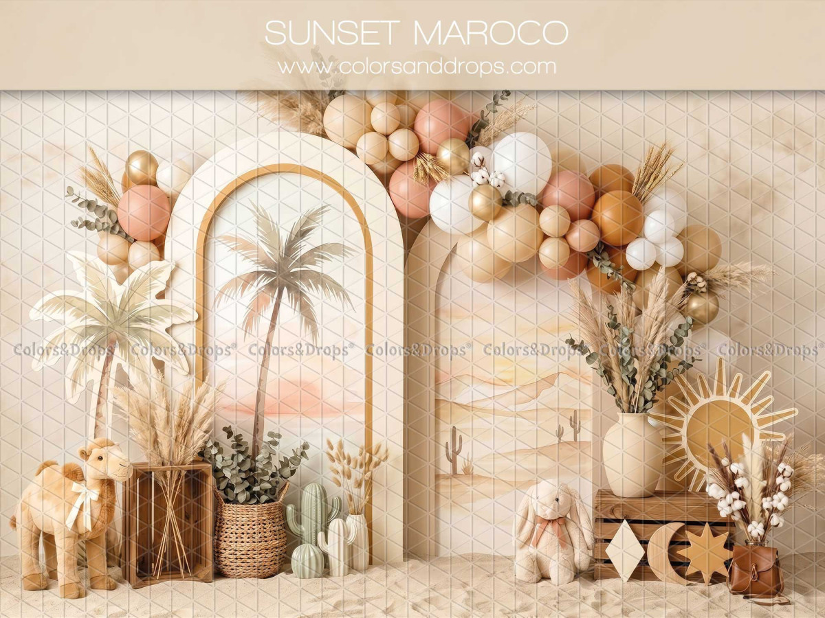 Fond photo Sunset Maroco arche bohème avec palmier pour séance bébé et Smash the Cake