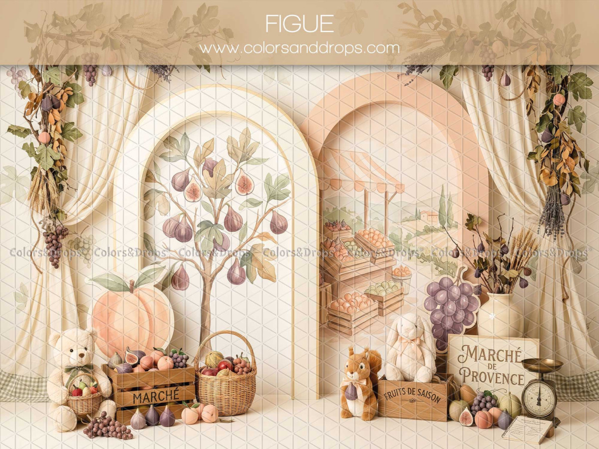 Baby & cake smash photo backdrop Figue – fig arches with curtains and fruit stall | Colors&Drops