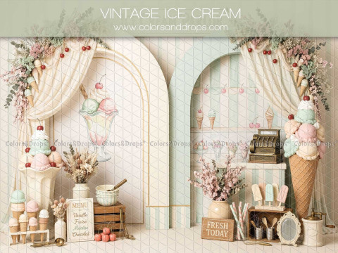 Fond photo Vintage Ice Cream glacier vintage avec arches pastel pour séance bébé et Smash the Cake