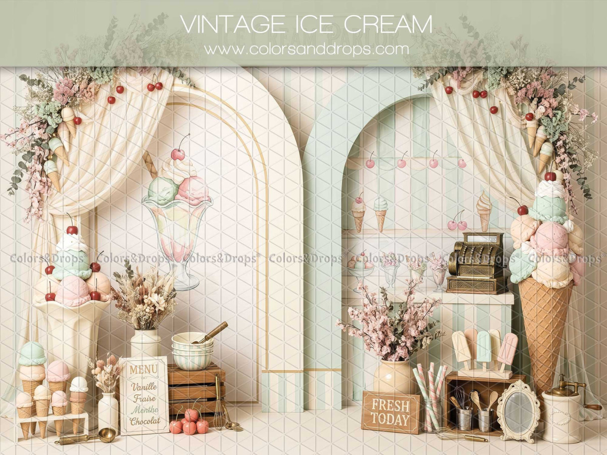 Baby & cake smash photo backdrop Vintage Ice Cream – vintage ice cream parlour arches with cones and curtains | Colors&Drops