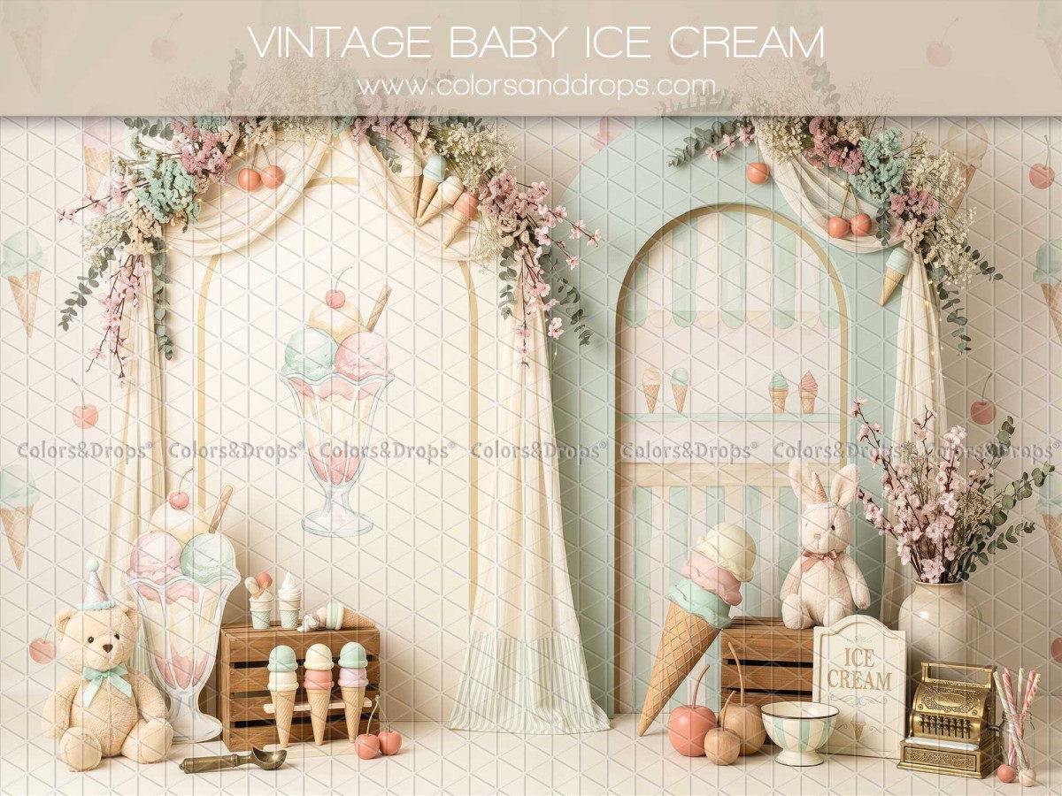 Fondo fotográfico de bebé y smash cake Vintage Baby Ice Cream – arcos de heladería bebé con helados y oso | Colors&Drops