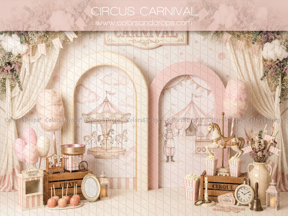 Baby & cake smash photo backdrop Circus Carnival – circus arches with carousel, curtains and candy floss | Colors&Drops