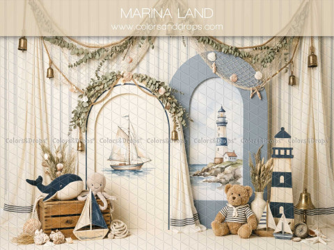 Fond photo Marina Land arches marines avec phare et voilier pour séance bébé et Smash the Cake