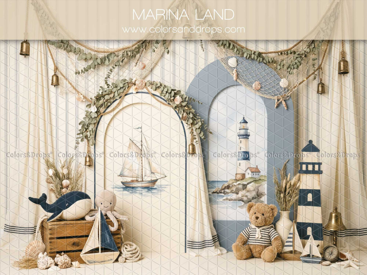 Baby & cake smash photo backdrop Marina Land – nautical arches with lighthouse, sailboat and bear | Colors&Drops