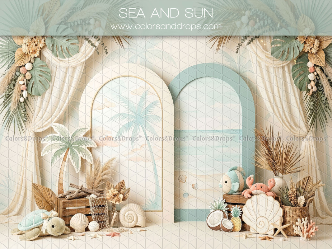 Fondo fotográfico de bebé y smash cake Sea and Sun – arcos de playa con palmeras, cortinas y conchas | Colors&Drops
