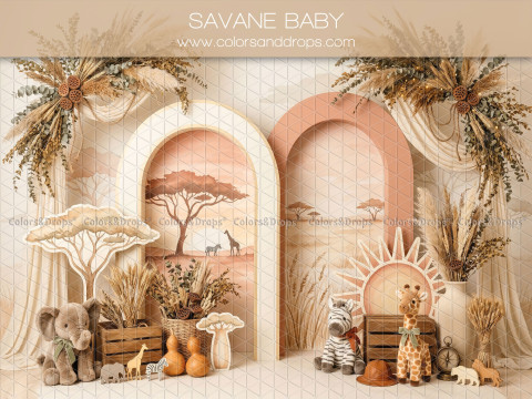 Fond photo Savane Baby arches savane avec animaux pour séance bébé et Smash the Cake