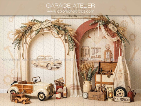 Fond photo Garage Atelier garage vintage avec voiture et outils pour séance bébé et Smash the Cake