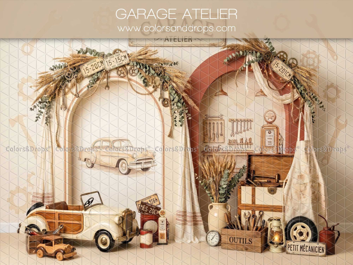 Fondo fotográfico de bebé y smash cake Garage Atelier – garaje vintage con coche antiguo y herramientas | Colors&Drops