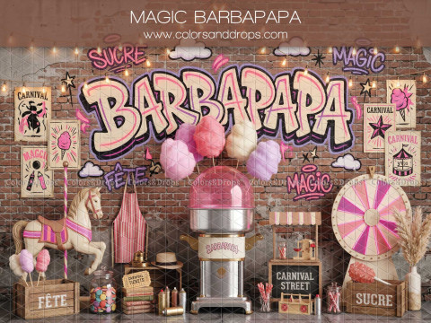 Fond photo Magic Barbapapa fête foraine avec barbe à papa pour séance bébé et Smash the Cake