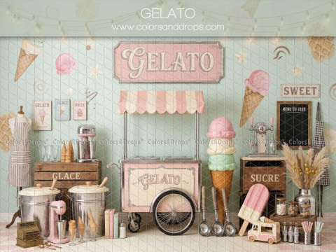 Fond photo Gelato glacier vintage avec chariot et glaces pour séance bébé et enfant