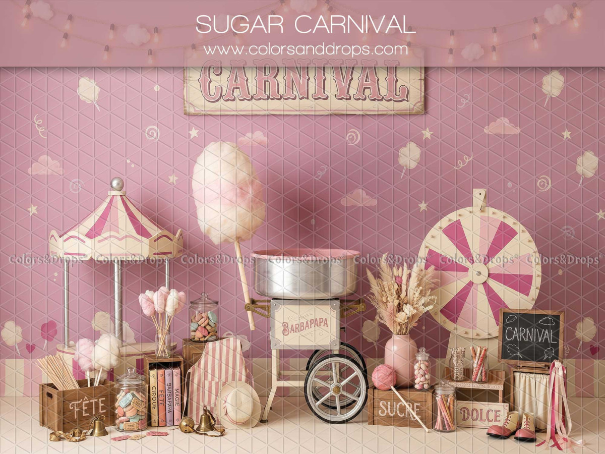 Baby & cake smash photo backdrop Sugar Carnival – pink funfair with candy floss and wheel | Colors&Drops