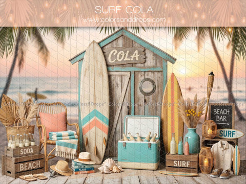 Fond photo Surf Cola plage avec cabane et planches de surf pour séance bébé et enfant