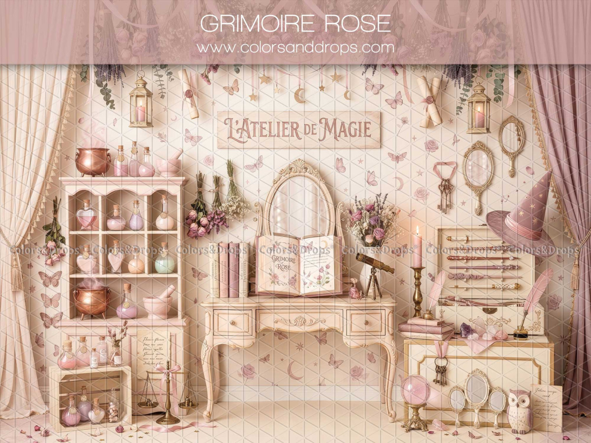 Baby & cake smash photo backdrop Grimoire Rose – pink magic workshop with vanity and spellbook | Colors&Drops