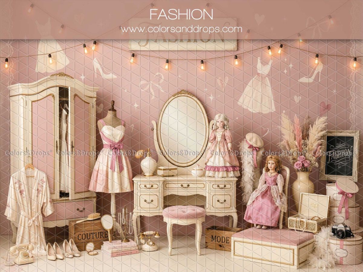 Baby & cake smash photo backdrop Fashion – pink dressing room with vanity, dresses and wardrobe | Colors&Drops