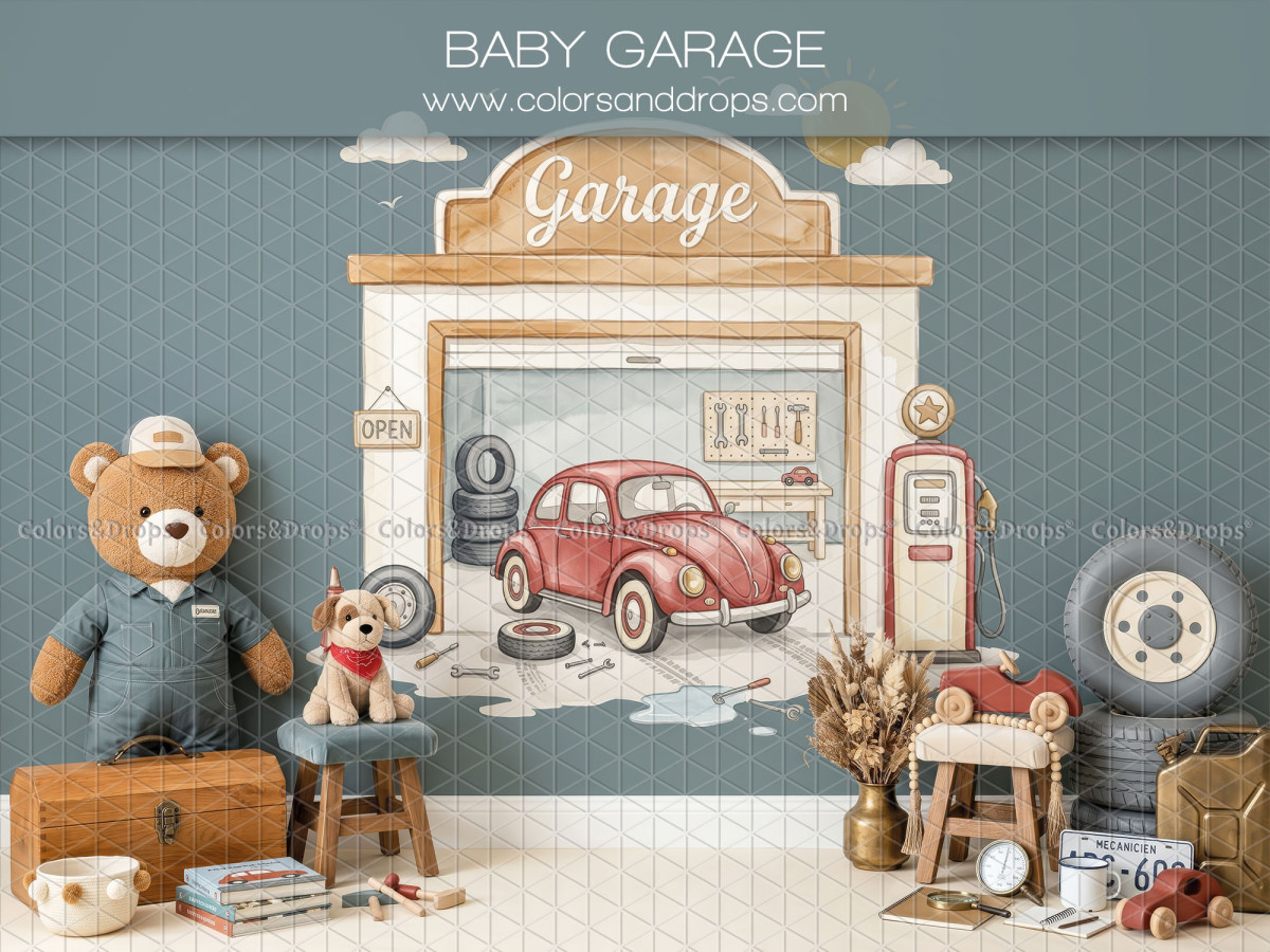 Fond photo Baby Garage garage vintage avec voiture rouge pour séance bébé et enfant