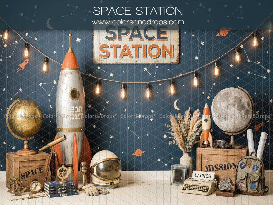 Baby & cake smash photo backdrop Space Station – space station with rocket, planets and lights | Colors&Drops