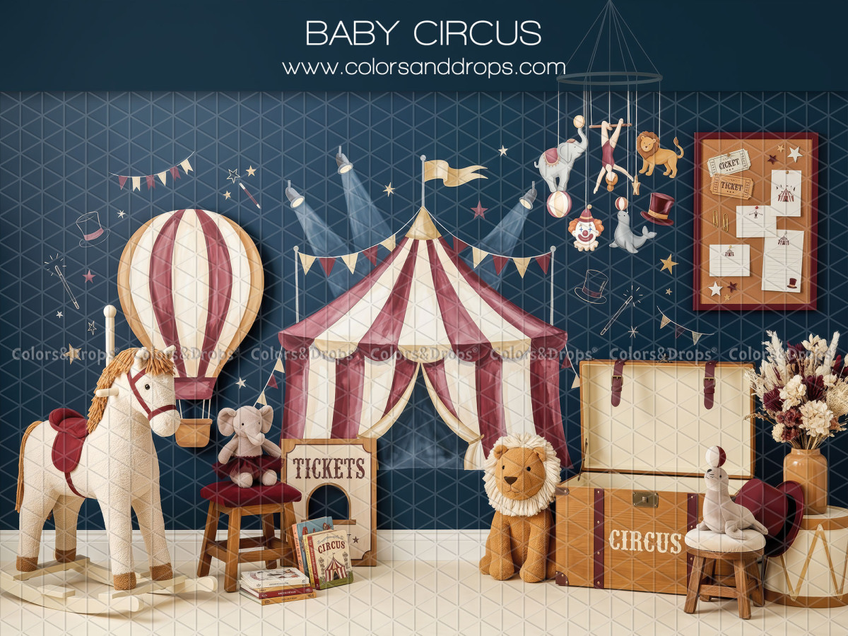 Baby & cake smash photo backdrop Baby Circus – baby circus set with big top and hot air balloon | Colors&Drops