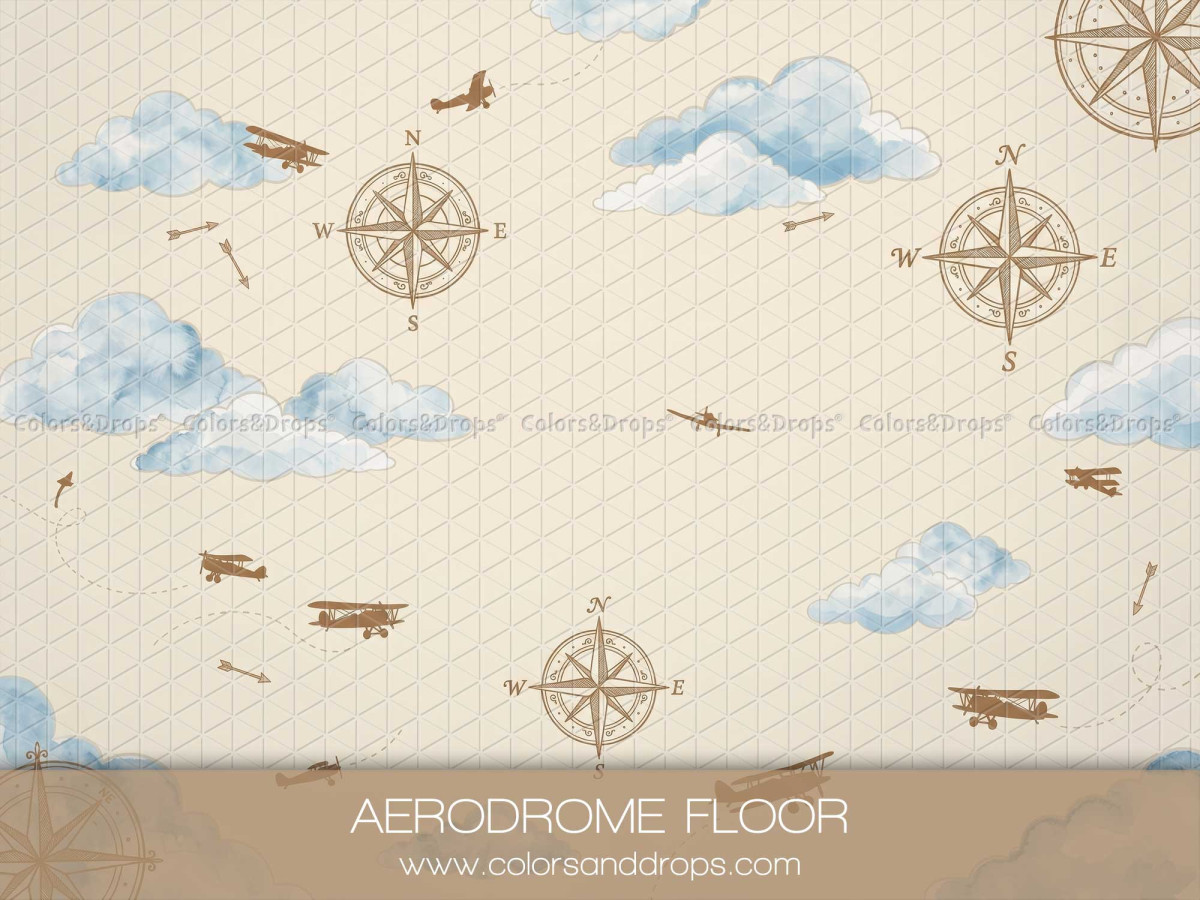 Photo floor Aerodrome Floor – aviation floor with clouds, planes and compasses | Colors&Drops