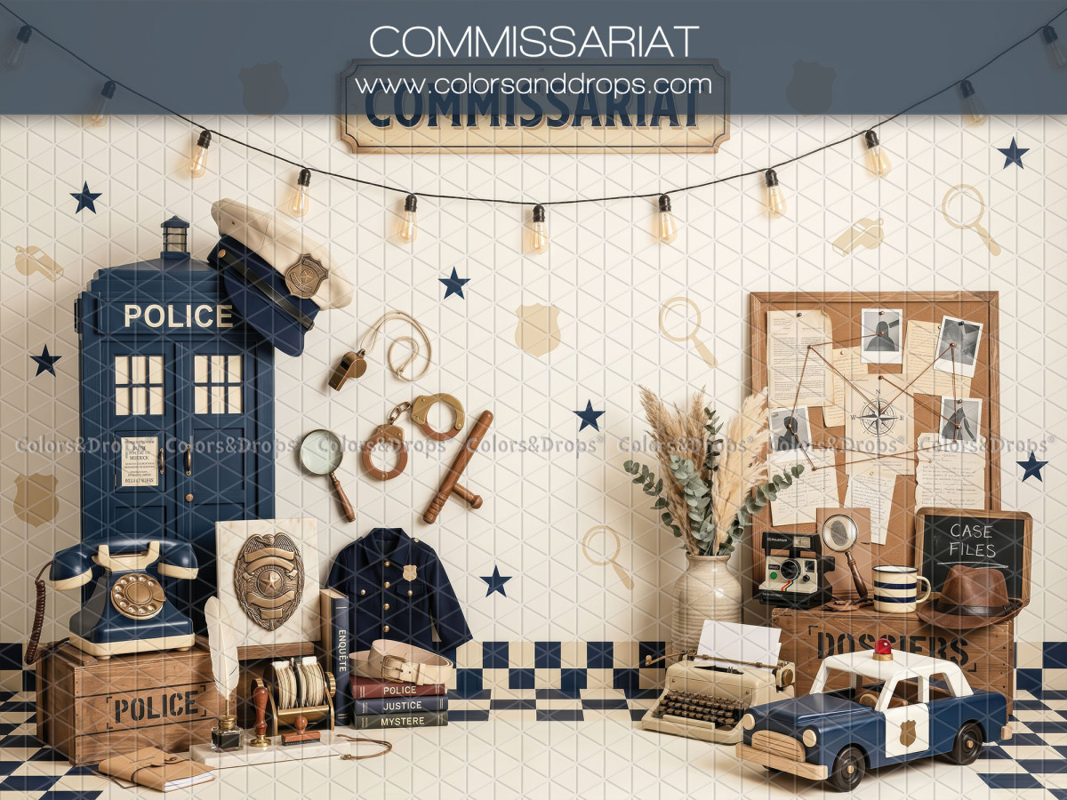 Baby & cake smash photo backdrop Commissariat – police station with police box and car | Colors&Drops