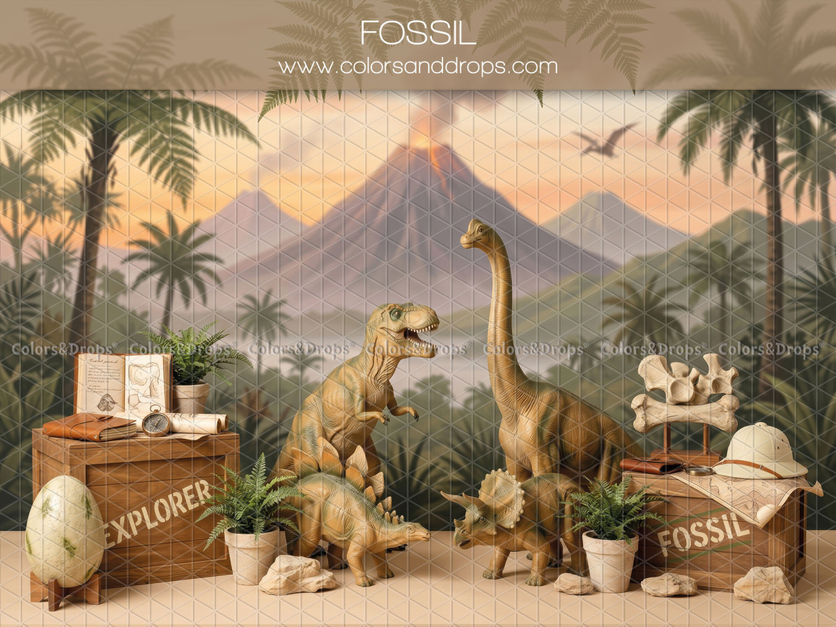 Baby & cake smash photo backdrop Fossil – prehistoric landscape with dinosaurs and volcano | Colors&Drops