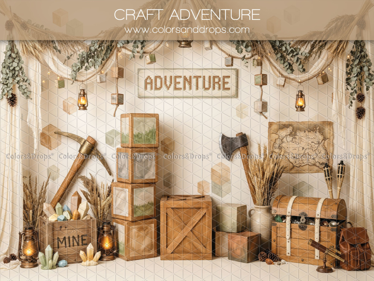 Baby & cake smash photo backdrop Craft Adventure – adventure set with crates, pixel cubes and pickaxe | Colors&Drops
