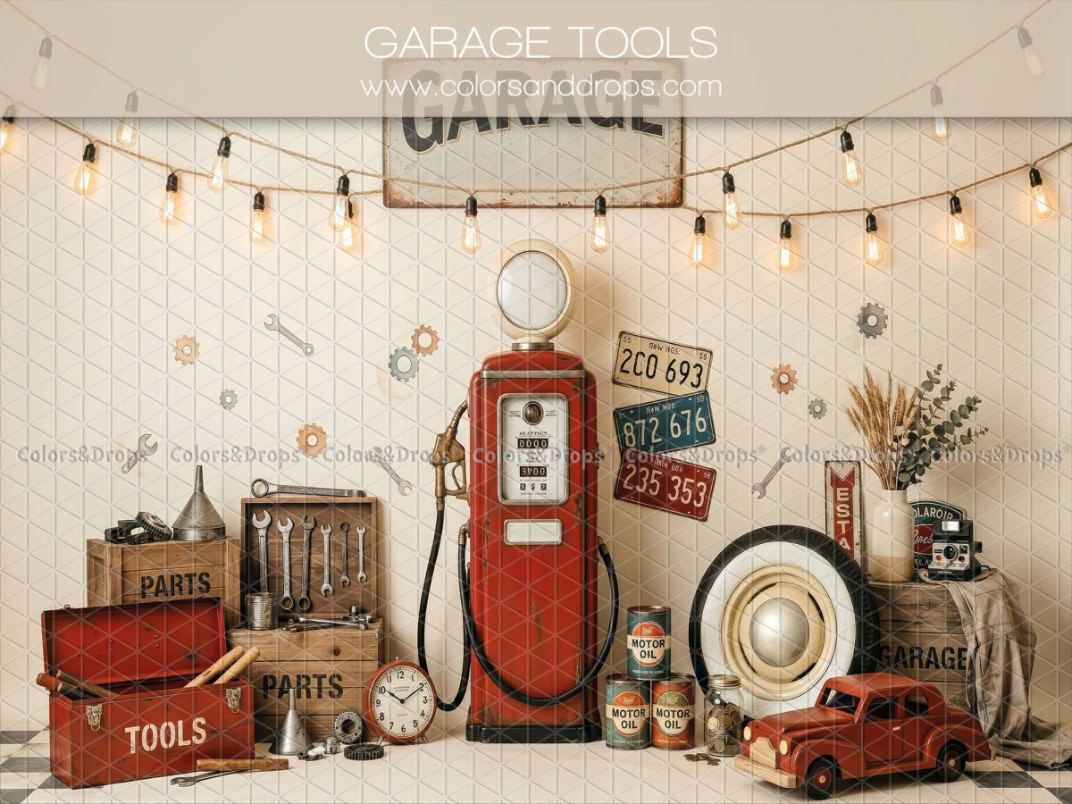 Baby & cake smash photo backdrop Garage Tools – vintage garage with petrol pump and red car | Colors&Drops