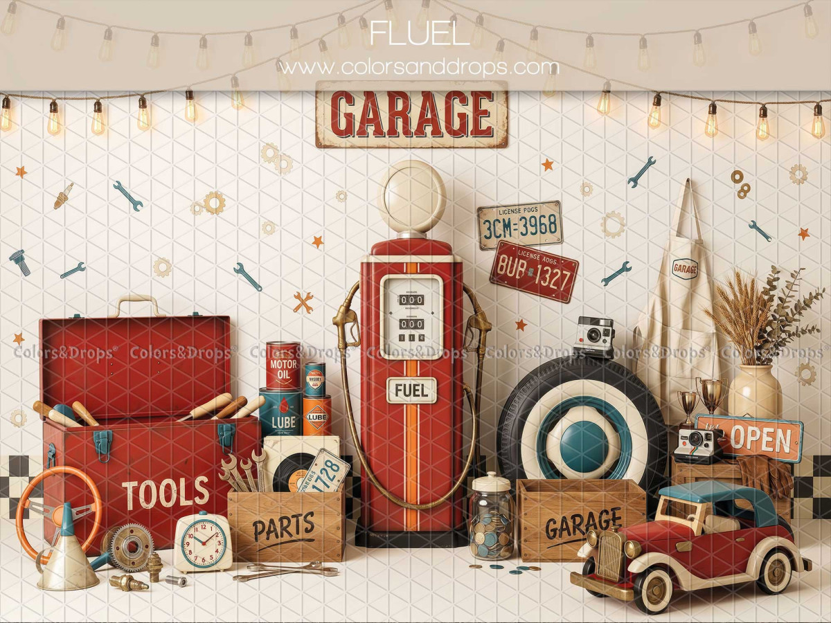Baby & cake smash photo backdrop Fuel – garage with petrol pump, tyre and toolbox | Colors&Drops