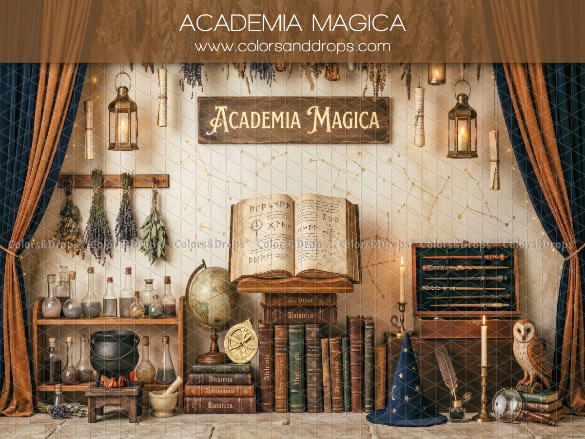 Baby & cake smash photo backdrop Academia Magica – magic academy with spellbook, cauldron and owl | Colors&Drops