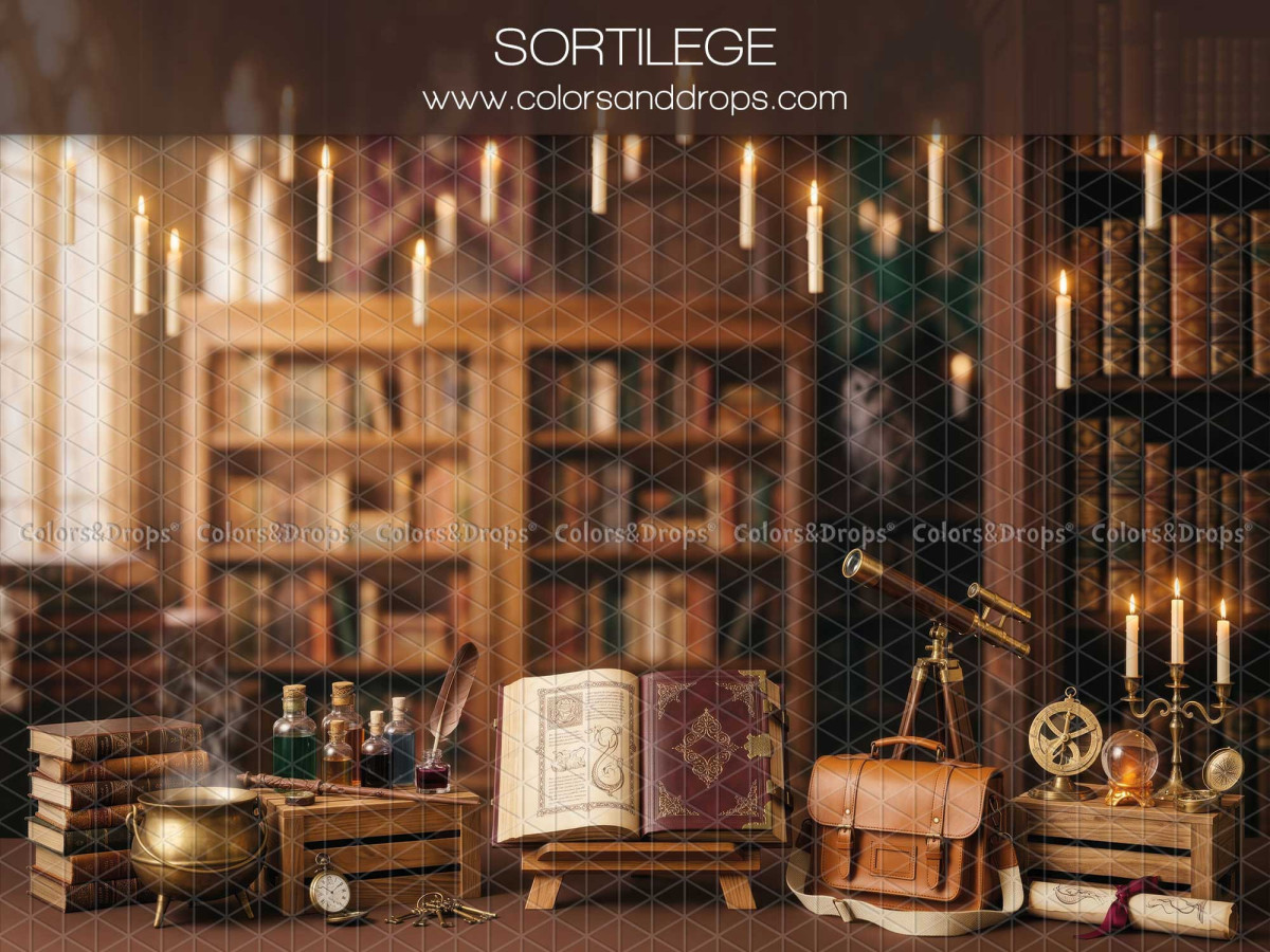 Fond photo Sortilege bibliothèque magique avec bougies et grimoire pour séance enfant et bébé