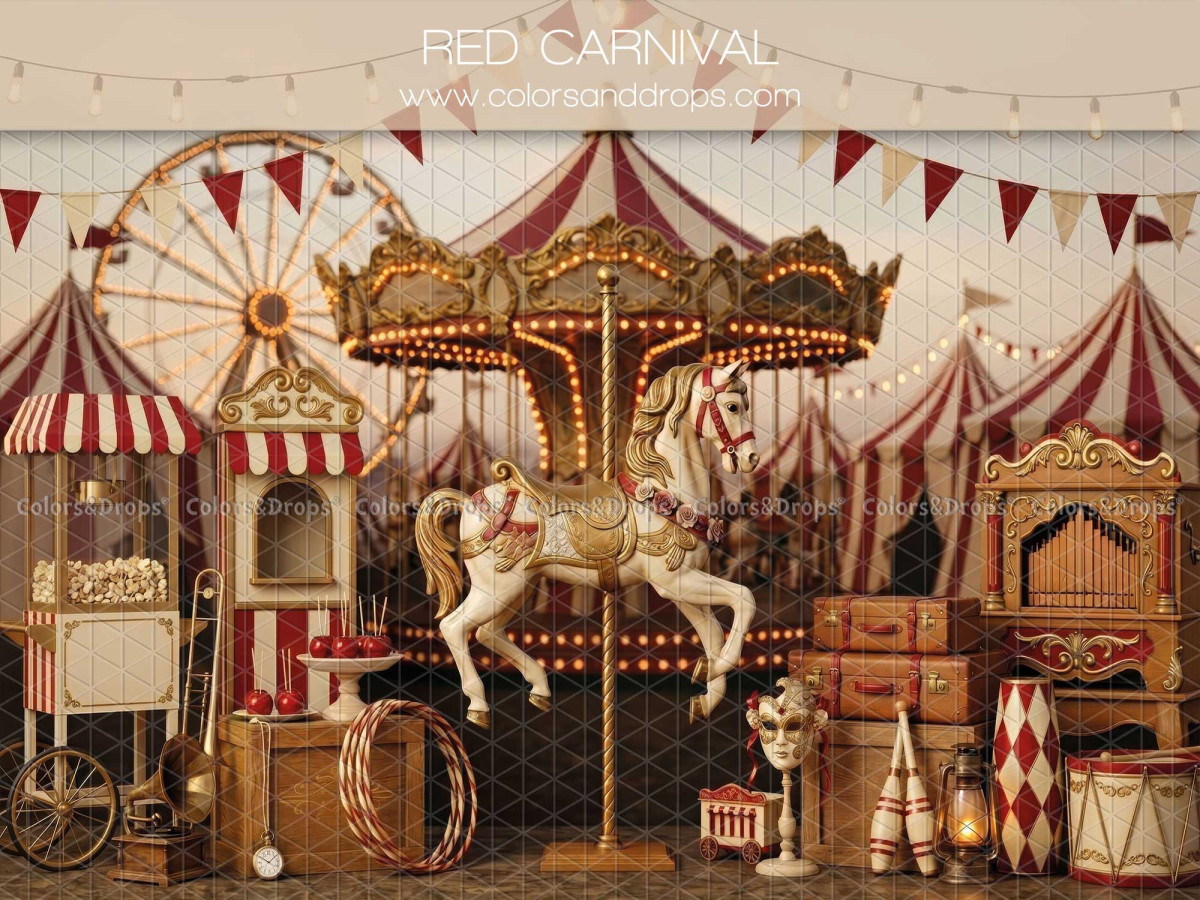 Fond photo Red Carnival cirque vintage avec carrousel et grande roue pour séance enfant et ado