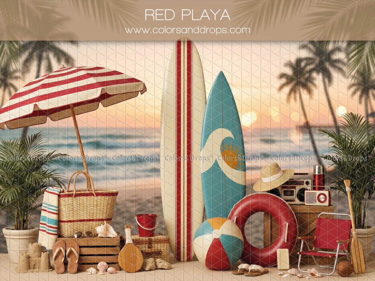 Fond photo Red Playa plage avec parasol et surf pour séance enfant et ado