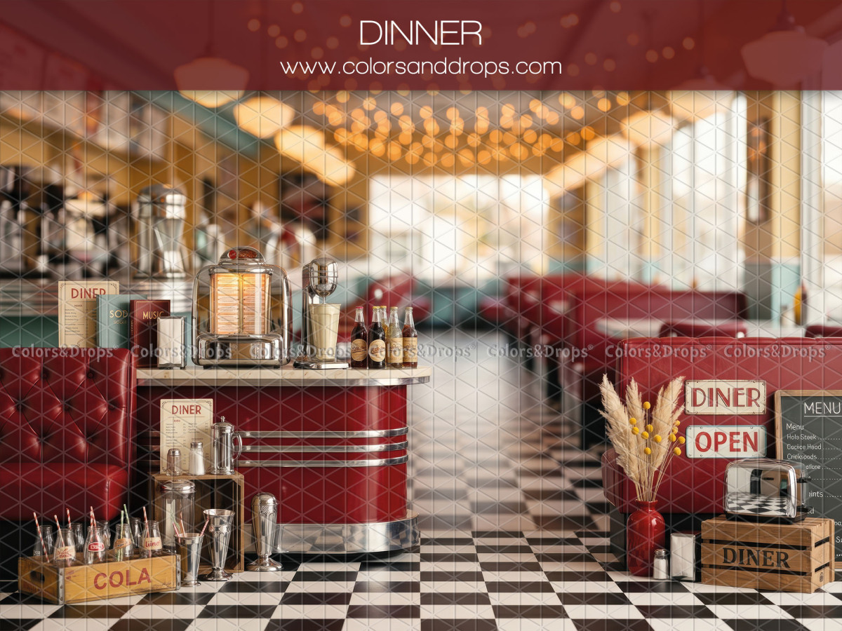 Fondo fotográfico de bebé y smash cake Dinner – diner americano retro con bancos rojos | Colors&Drops