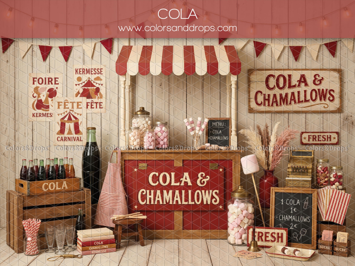 Fond photo Cola stand de fête foraine avec cola et chamallows pour séance enfant et ado