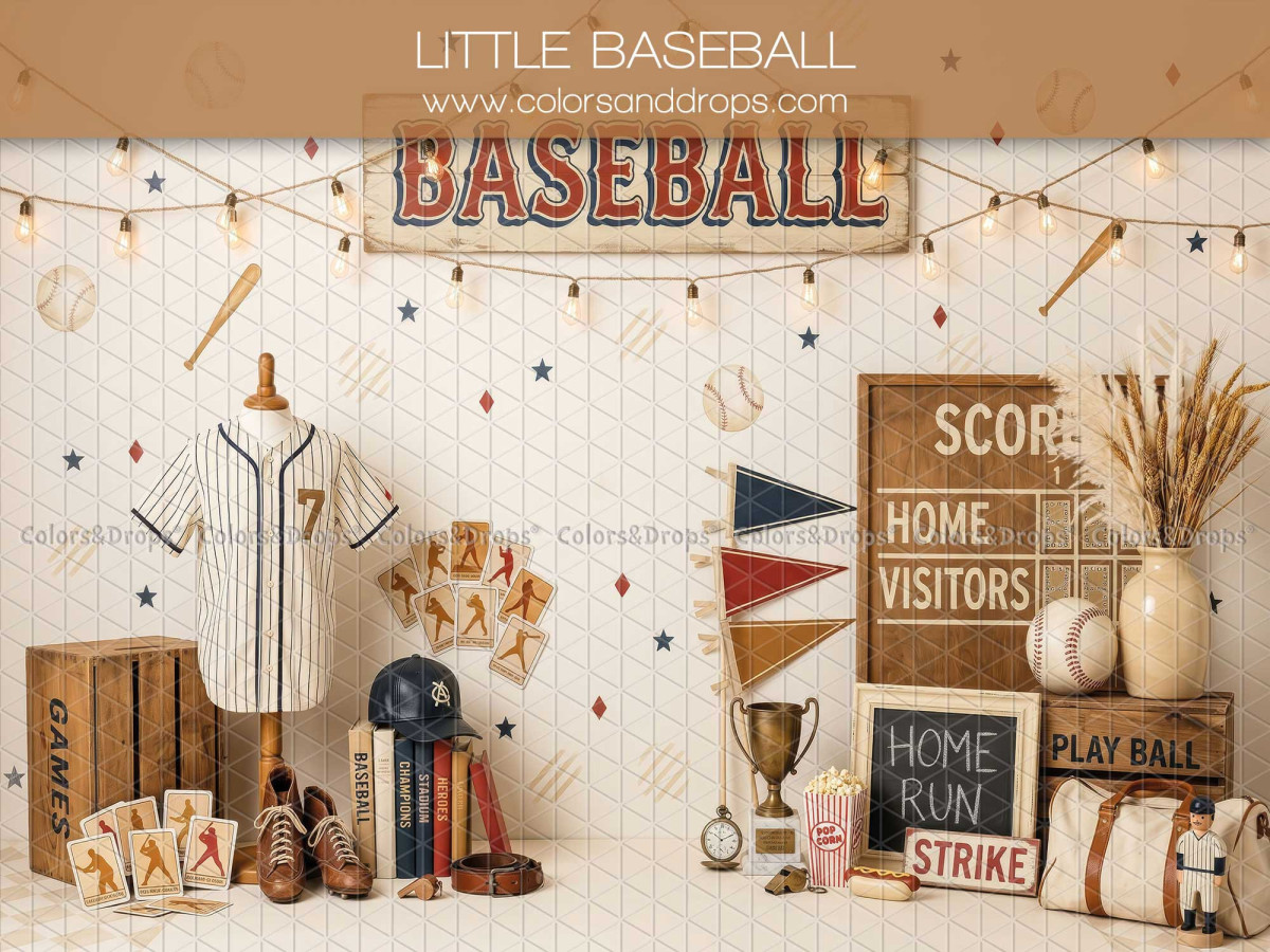Baby & cake smash photo backdrop Little Baseball – vintage baseball set with jersey and scoreboard | Colors&Drops