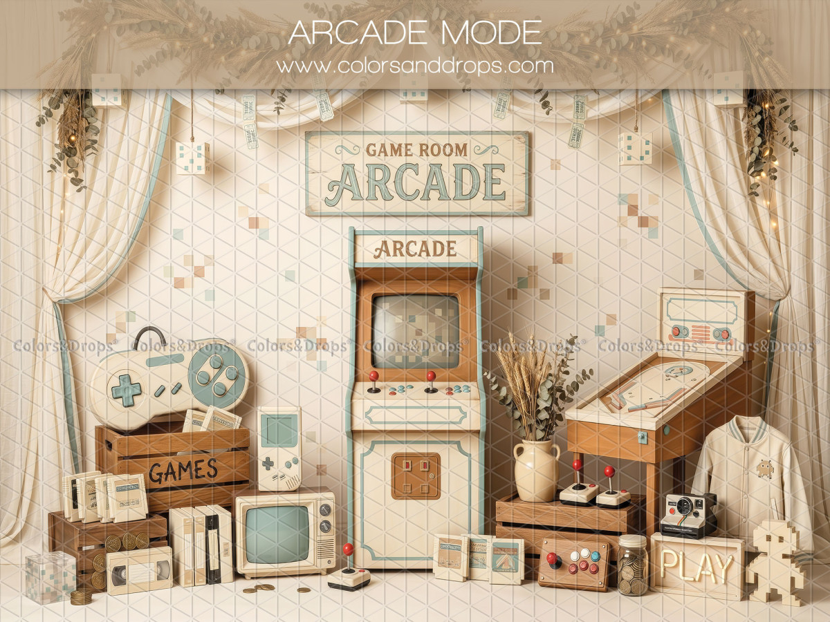 Fondo fotográfico de bebé y smash cake Arcade Mode – sala recreativa vintage con máquina arcade y pinball | Colors&Drops