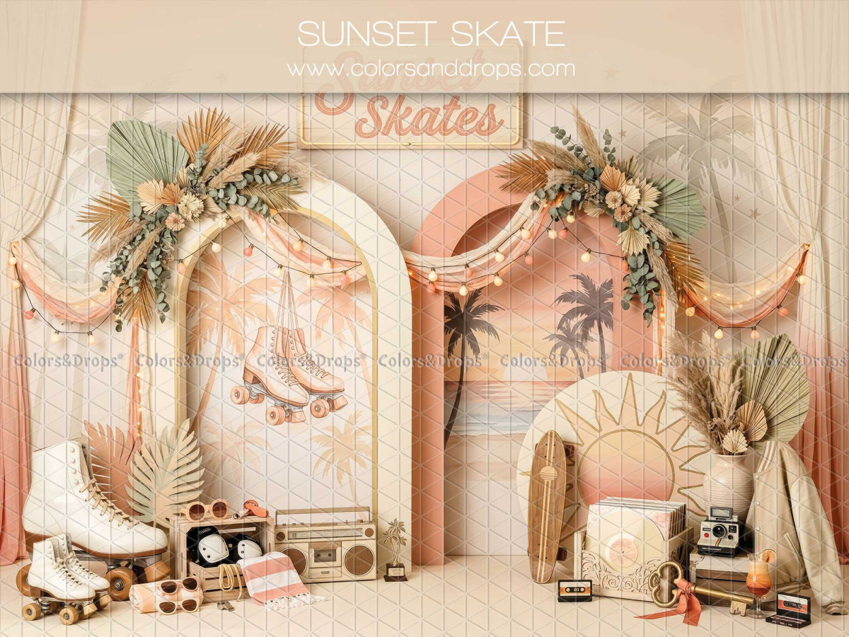 Baby & cake smash photo backdrop Sunset Skate – sunset skate set with arches and roller skates | Colors&Drops