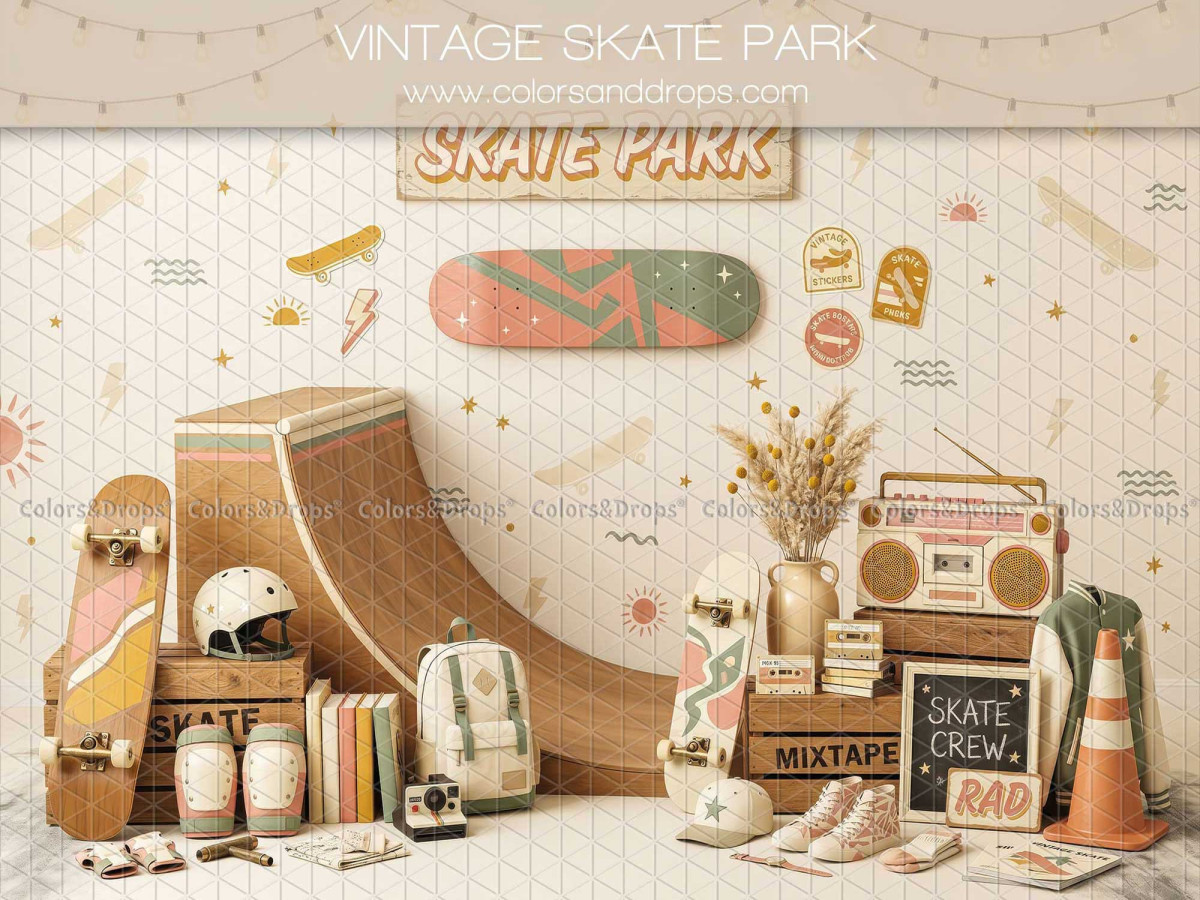 Baby & cake smash photo backdrop Vintage Skate Park – vintage skate park with ramp, skateboards and boombox | Colors&Drops