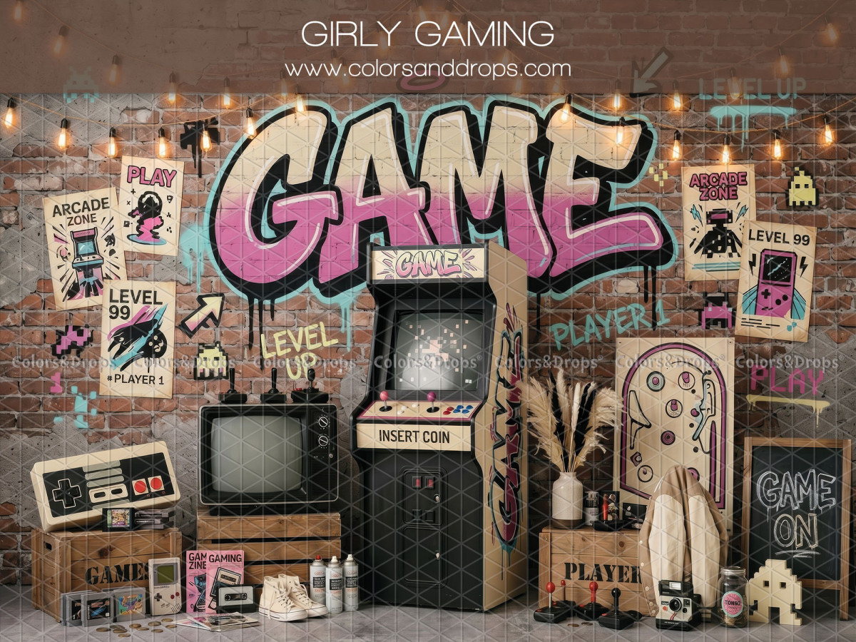 Fond photo Girly Gaming arcade et jeux vidéo pour séance enfant et ado