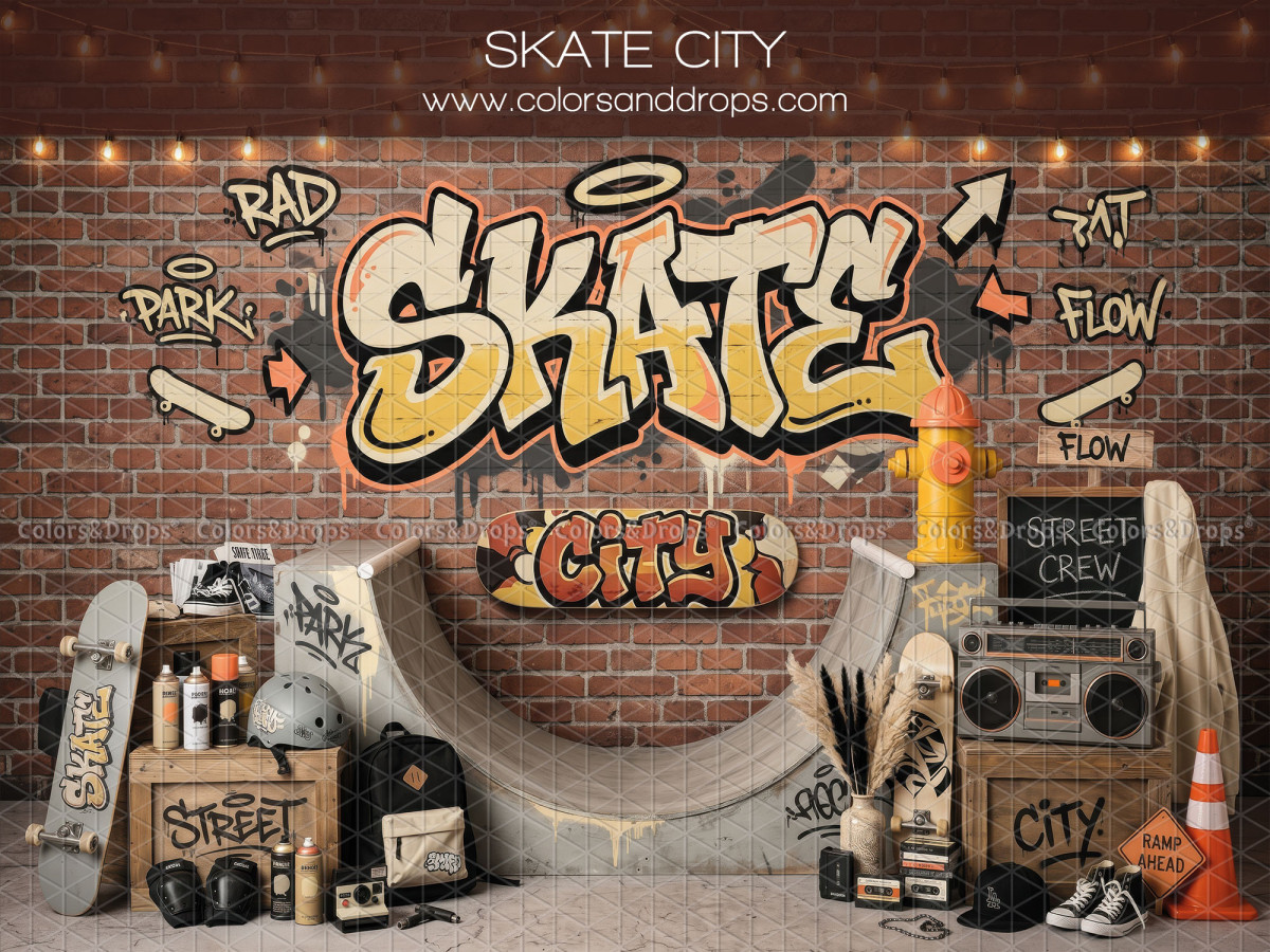 Fond photo Skate City skatepark avec graffiti pour séance enfant et ado
