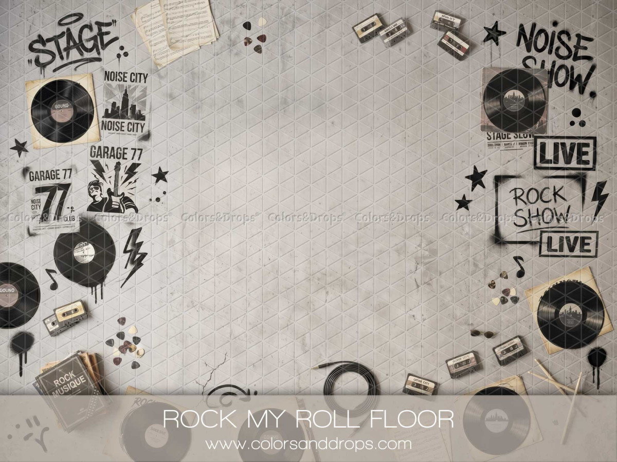 Photo floor Rock My Roll Floor – concrete floor with vinyl records and rock stickers | Colors&Drops