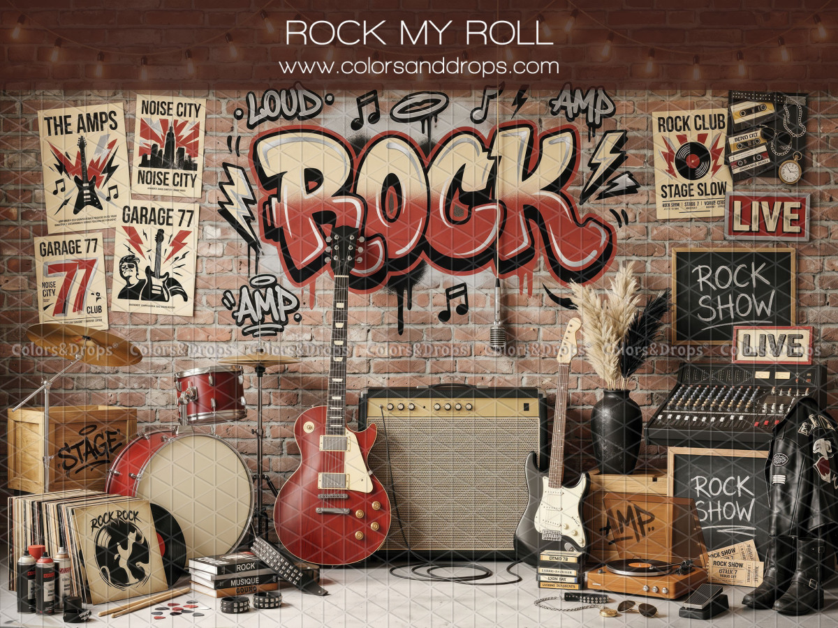 Fond photo Rock My Roll scène rock avec guitares pour séance enfant et ado