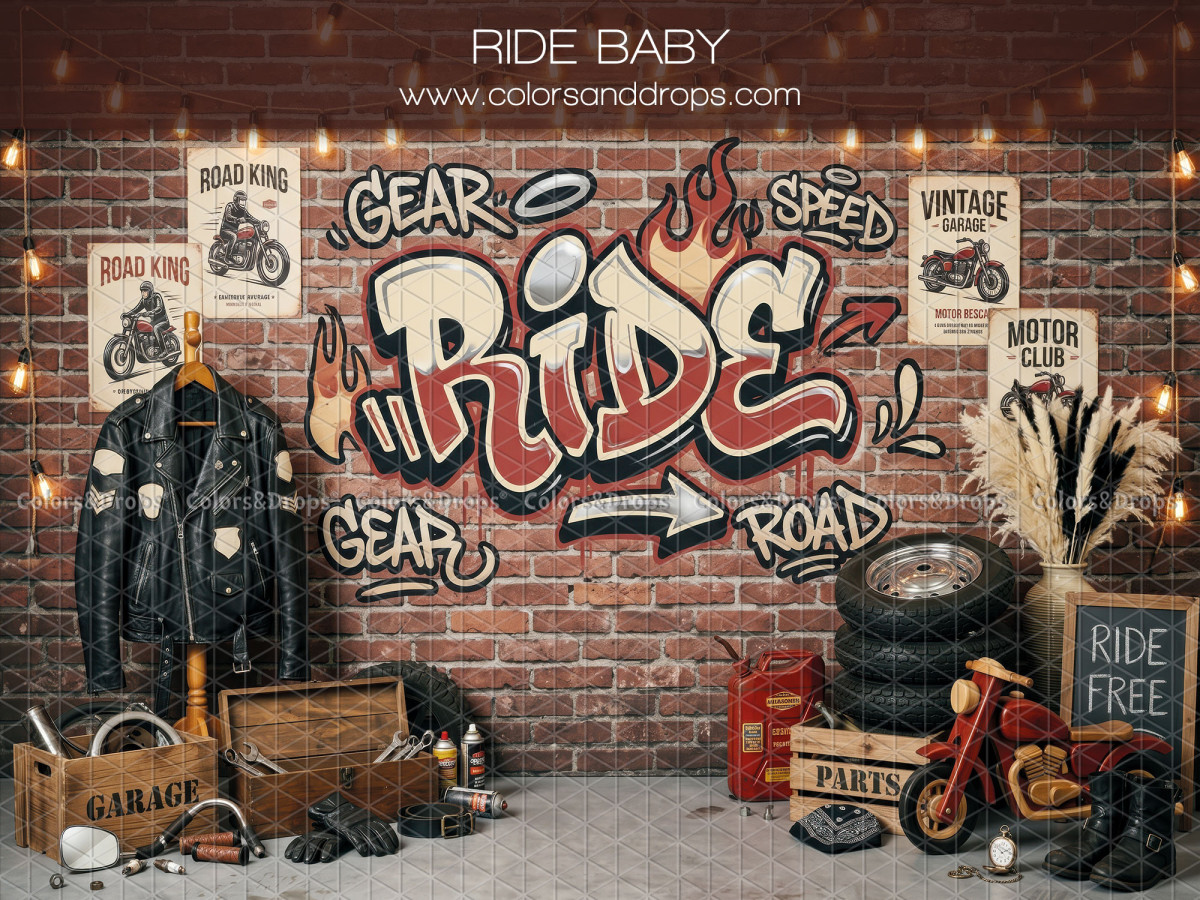 Baby & cake smash photo backdrop Ride Baby – graffiti motorbike garage with jacket and red bike | Colors&Drops