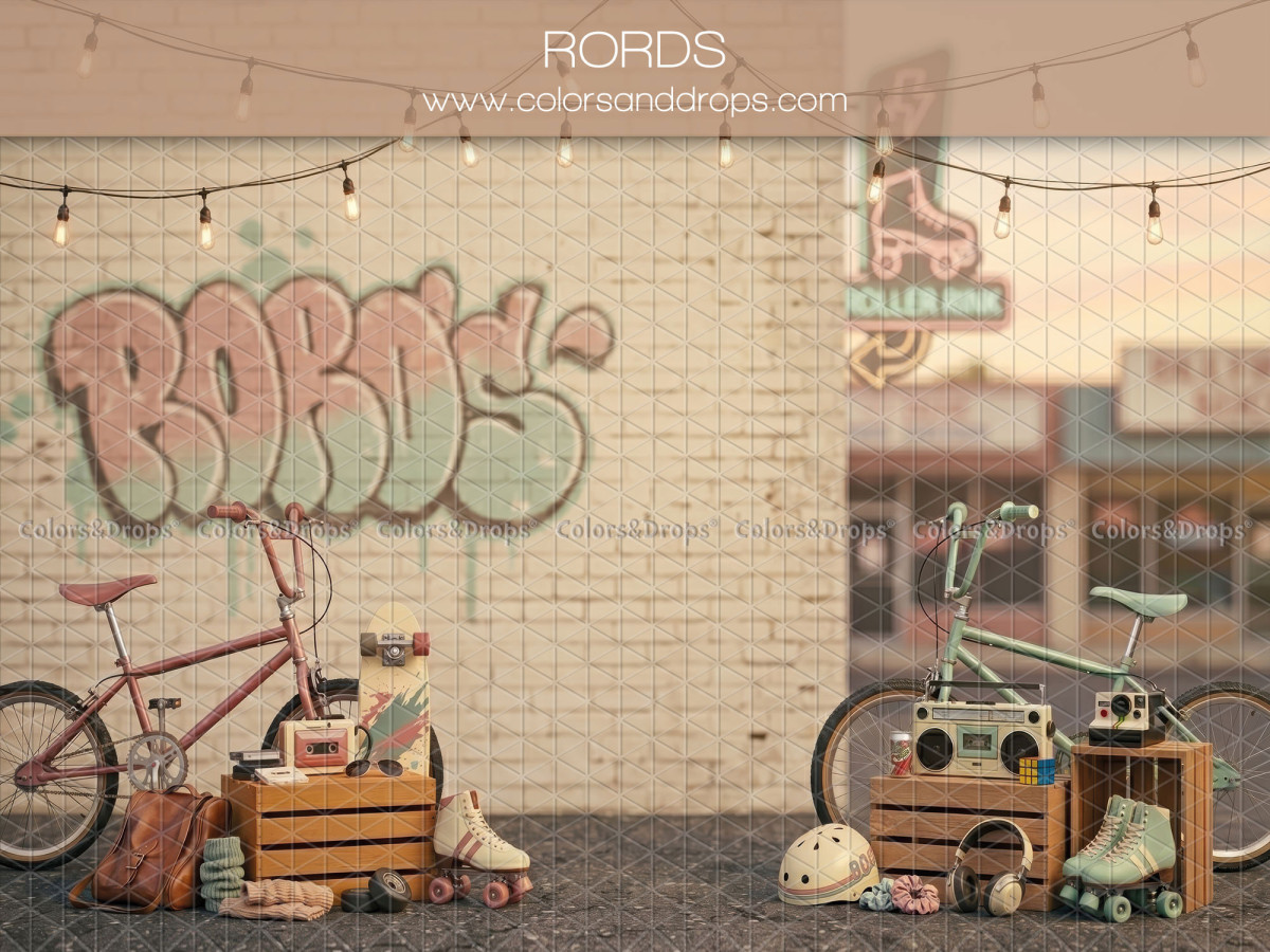 Fondo fotográfico de bebé y smash cake Rords – pared blanca con grafiti, bicis BMX y patines | Colors&Drops