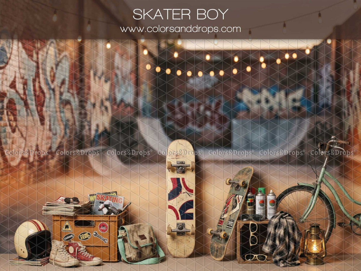 Baby & cake smash photo backdrop Skater Boy – indoor graffiti skate park with skateboards and helmet | Colors&Drops
