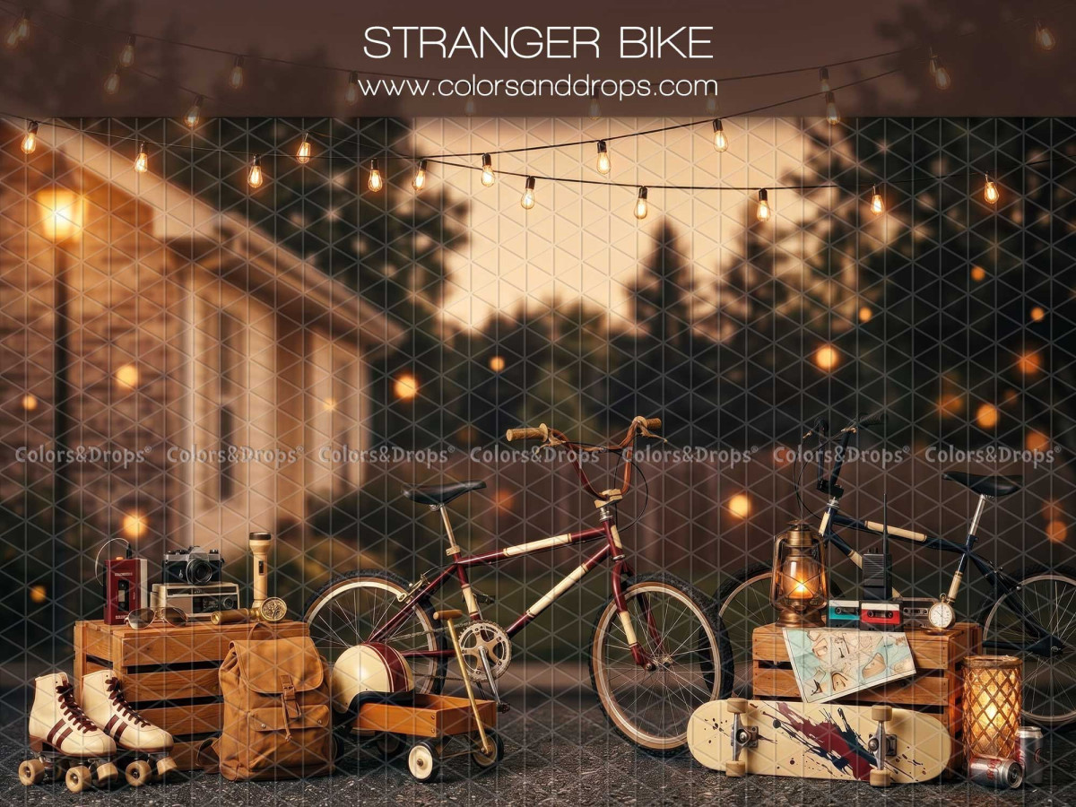 Fond photo Stranger Bike BMX et maison de nuit ambiance 80s pour séance enfant et ado