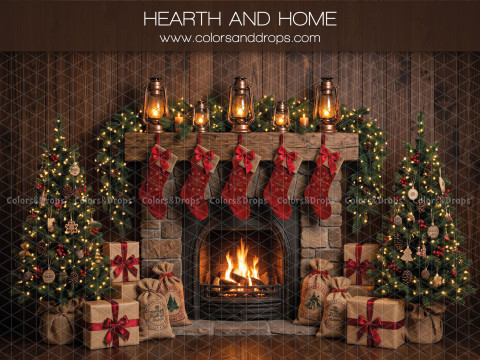 Christmas photo backdrop Hearth and Home – brick Christmas fireplace with stockings and trees | Colors&Drops